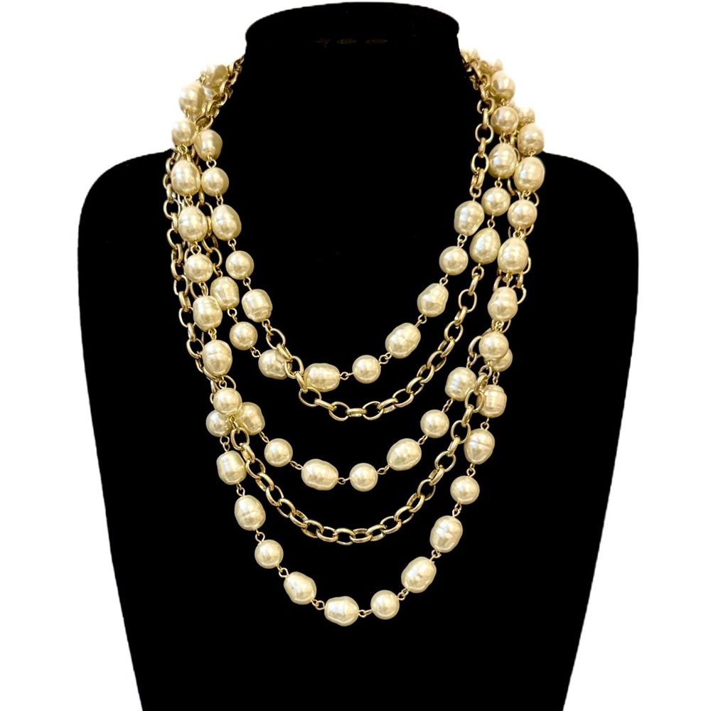 Chico's Faux Pearl Gold Chain Layered Statement Necklace - Picture 4 of 7